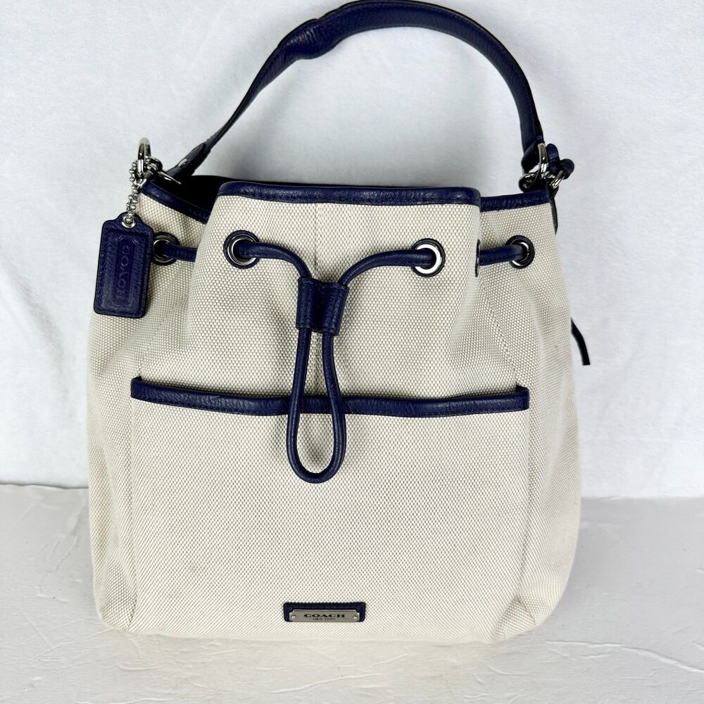 Coach Avery Canvas Drawstring Bucket Bag Navy Cream F28913